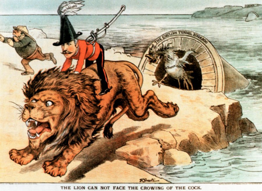 General Wolseley montado no leão em fuga. Publicado na American Humor Magazine "Puck" (aproximadamente 1885). Retrata os medos do Túnel do Canal